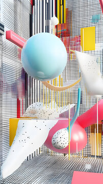 抽象幾何圖形與3D物體組合的彩色作品
