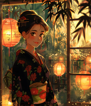 身著和服的日本女子在窗戶邊