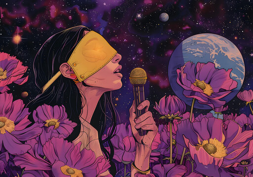 蒙著眼睛的歌手在一個(gè)有行星和恒星的田野里唱歌