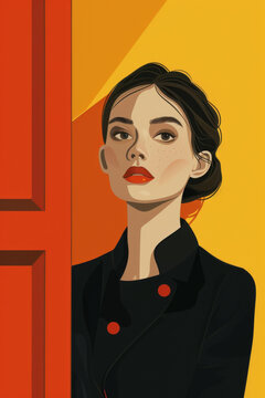 一個(gè)身穿黑色連衣裙的女子站在紅色門前