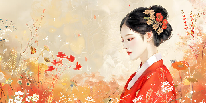 身穿韓國(guó)傳統(tǒng)服飾的美麗韓國(guó)少女，周圍環(huán)繞著鮮花和蝴蝶。