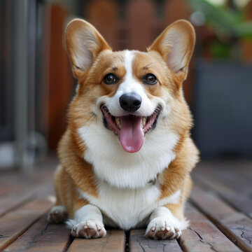 柯基犬趴在木地板上