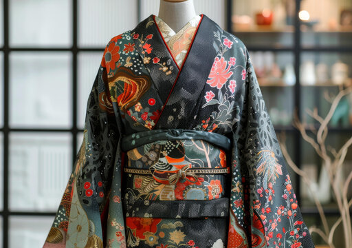 一件帶花卉圖案的和服和一條紅色腰帶