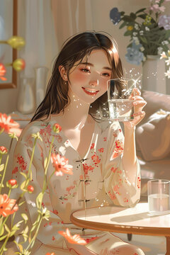 一位亞洲女性在陽光下喝水