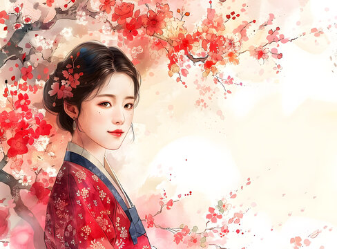 身穿紅色傳統(tǒng)服飾的韓國女性