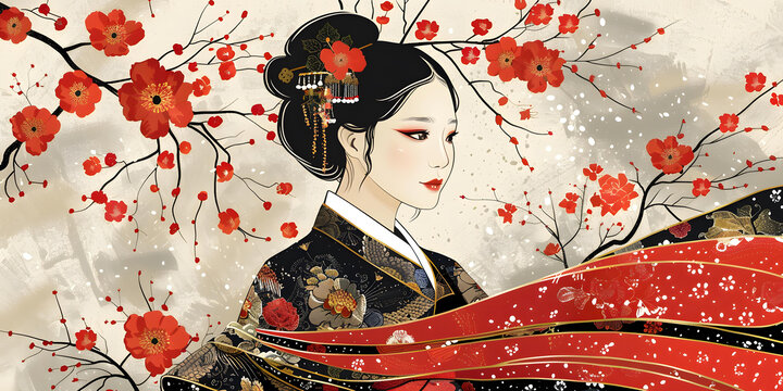 身穿紅色和白色梅花圖案的日本和服的日本女性肖像