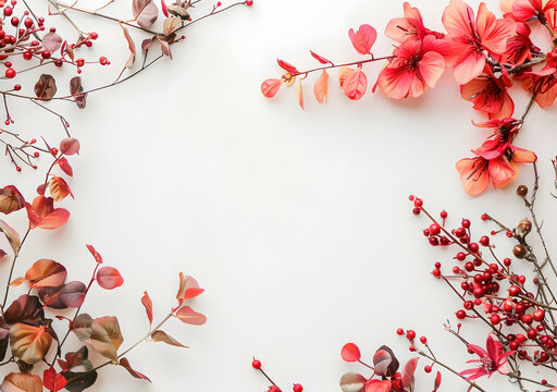 白色背景上的紅色花卉和漿果