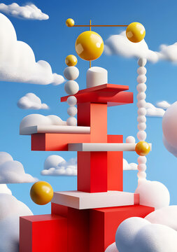 云朵與抽象幾何圖形的3D