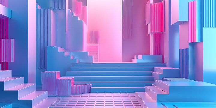 藍(lán)色粉色幾何圖形樓梯抽象3D背景