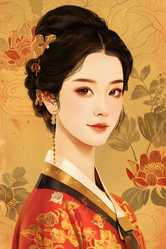 身穿紅色傳統(tǒng)服飾的韓國(guó)女性