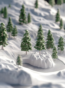 簡(jiǎn)約低多邊形冬季雪景，覆蓋著雪的樹(shù)木和冰凍的湖泊