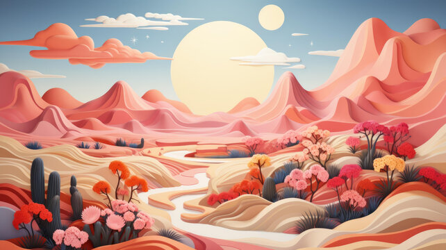 粉色的超現(xiàn)實(shí)沙漠景觀插圖