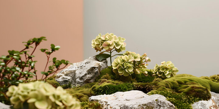 巖石上的綠色苔蘚和白色花朵