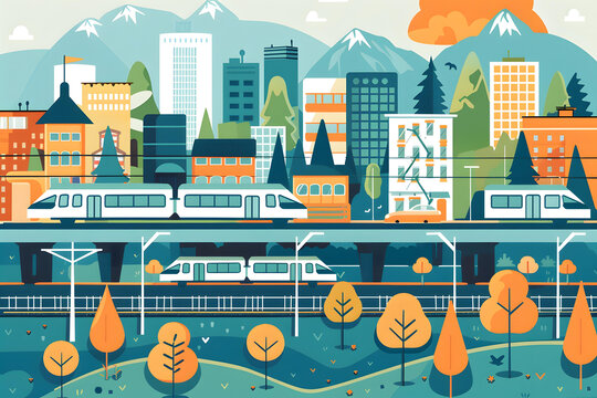 城市景觀與火車和山景
