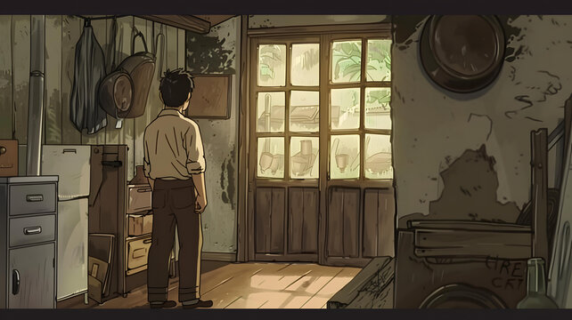 鄉(xiāng)村小屋窗邊觀望的男子