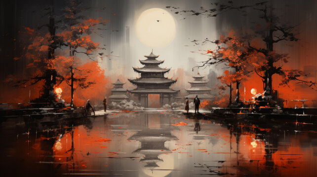 寧靜的中國古代庭院之夜