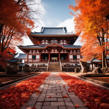 秋日紅葉環(huán)繞的日本寺廟
