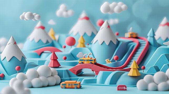 五彩繽紛的3d地形上行駛的玩具汽車和山脈