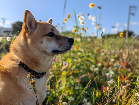 花叢中的狗狗