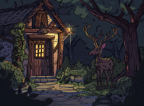 森林小屋和鹿的