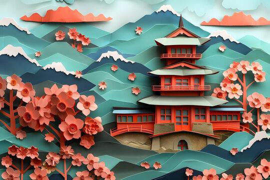 在山區(qū)櫻花盛開的風景中的一座日本傳統(tǒng)房屋