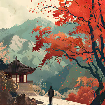 秋日山景，男子站在小路