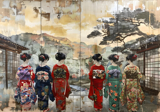 五個(gè)身穿和服的日本女子