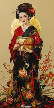 身穿帶花卉圖案和服和紅色腰帶的日本女性