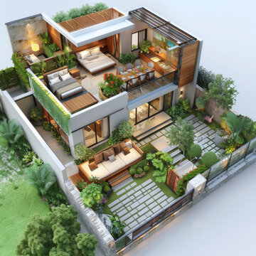 一套帶美麗花園和游泳池的現(xiàn)代兩層住宅