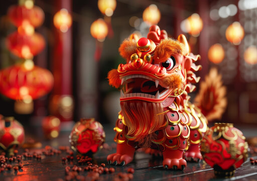 一只紅金色的中國(guó)獅子雕像后面有紅色的燈籠