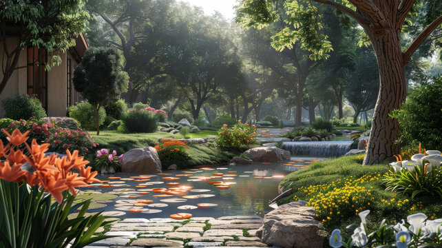 一個美麗的花園，有池塘、鮮花和樹木
