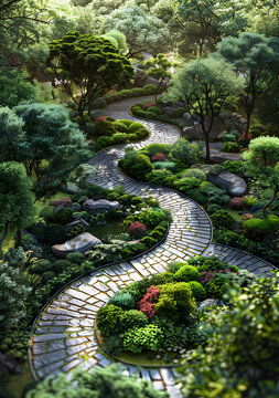 蜿蜒曲折的石板路穿過(guò)郁郁蔥蔥的花園