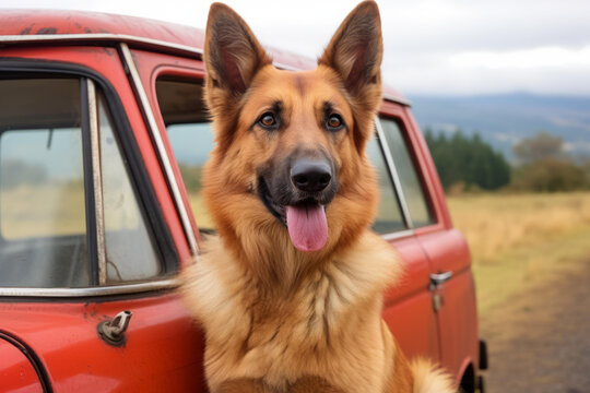 棕色德國牧羊犬與復(fù)古紅車