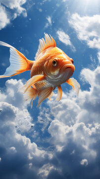 一條金魚在空中飛翔臉上帶著驚訝的表情