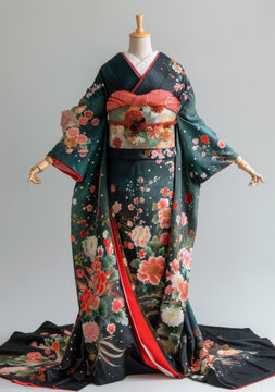 一件帶花卉圖案的和服和一條紅色腰帶。