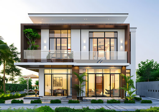 帶陽(yáng)臺(tái)和大型窗戶的現(xiàn)代兩層住宅