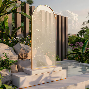 金色邊框熱帶植物水景背景圖