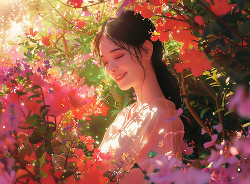 花海中的寧靜女子