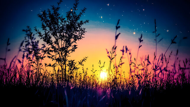 夕陽下草地樹木剪影