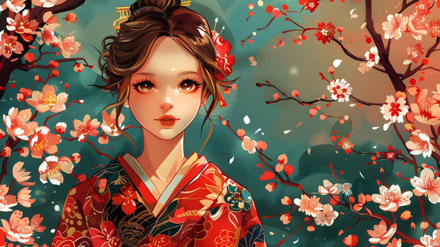 一個身穿紅色和服的美麗女人的插圖，站在櫻花盛開的原野里。