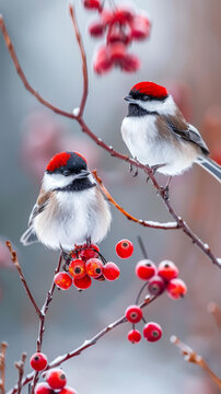 兩只鳥在結滿紅漿果的樹枝上