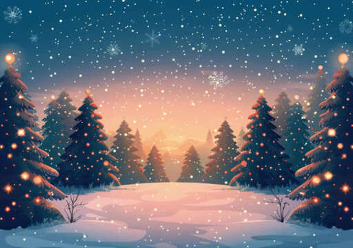 冬日雪夜的圣誕樹林