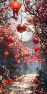 唯美 古風中國風紅燈籠櫻花盛開小橋流水人家