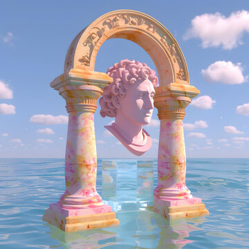 粉色大理石拱門雕塑海洋背景