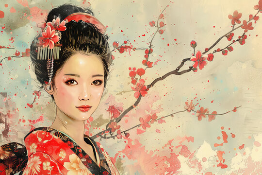 身穿和服的美麗日本女性插圖，背景為櫻花