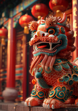 一只色彩鮮艷、細(xì)節(jié)精美的中國獅子石像的近景，背景為紅色