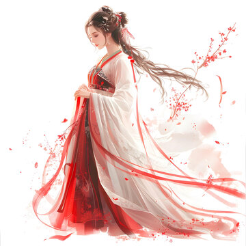 身穿紅色漢服的中國美女在花叢中翩翩起舞