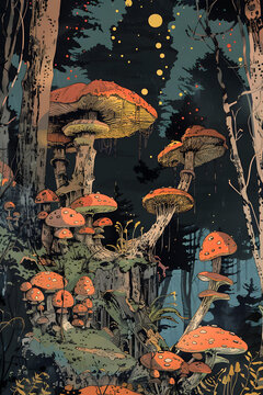 夜晚星空下的蘑菇森林