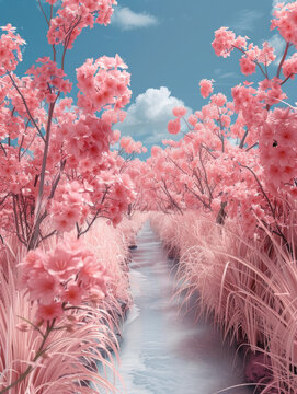 櫻花盛開的林間溪流