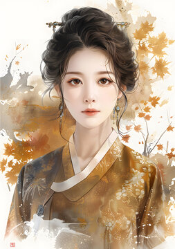 一個身穿韓國傳統(tǒng)服飾的年輕女子的肖像